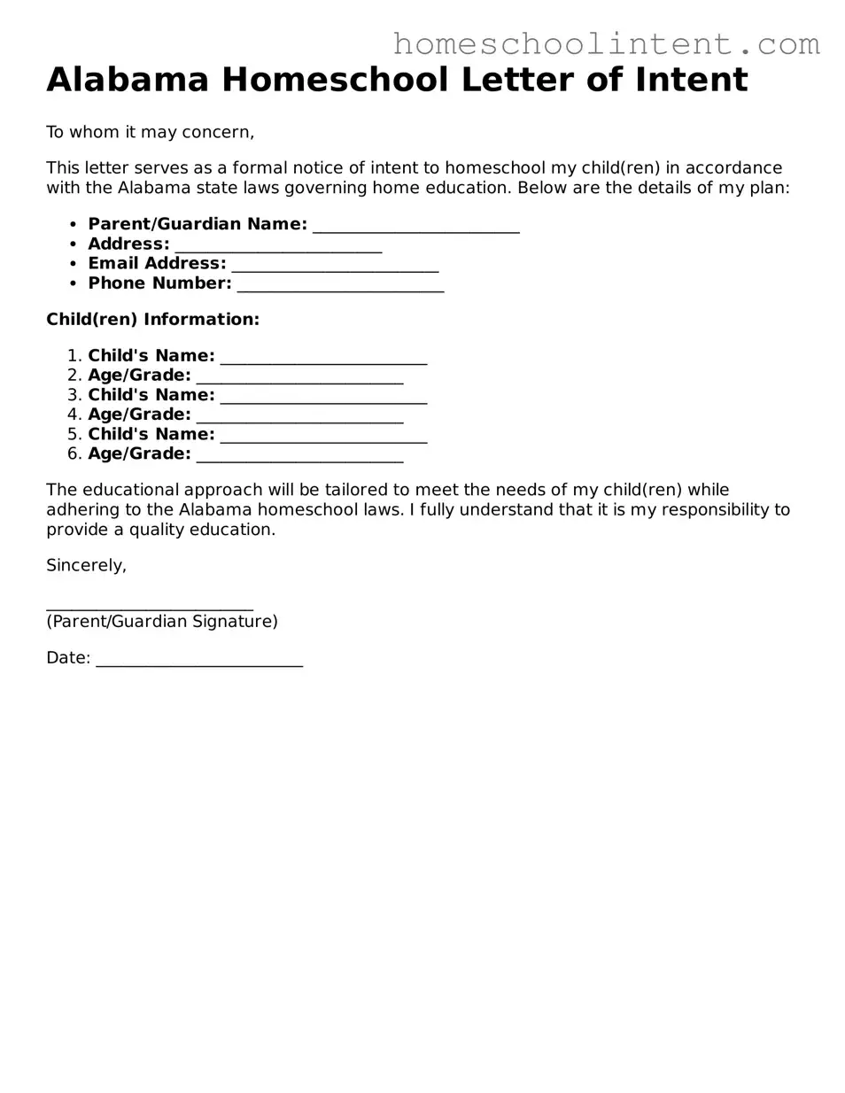 Blank  Homeschool Letter of Intent Document for Alabama