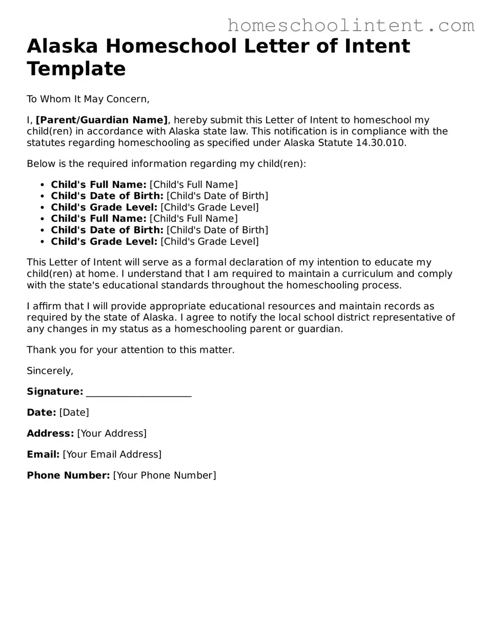 Blank  Homeschool Letter of Intent Document for Alaska