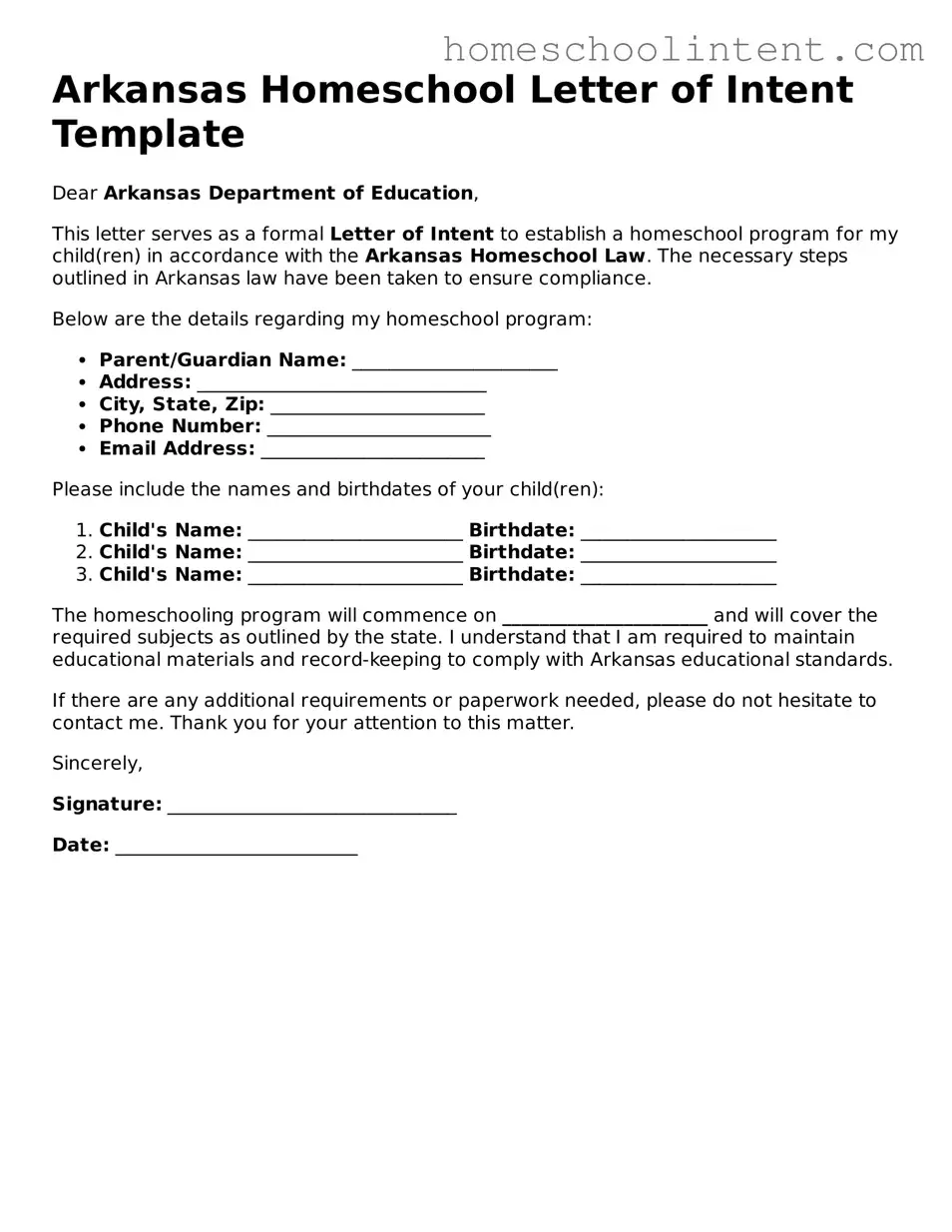 Blank  Homeschool Letter of Intent Document for Arkansas