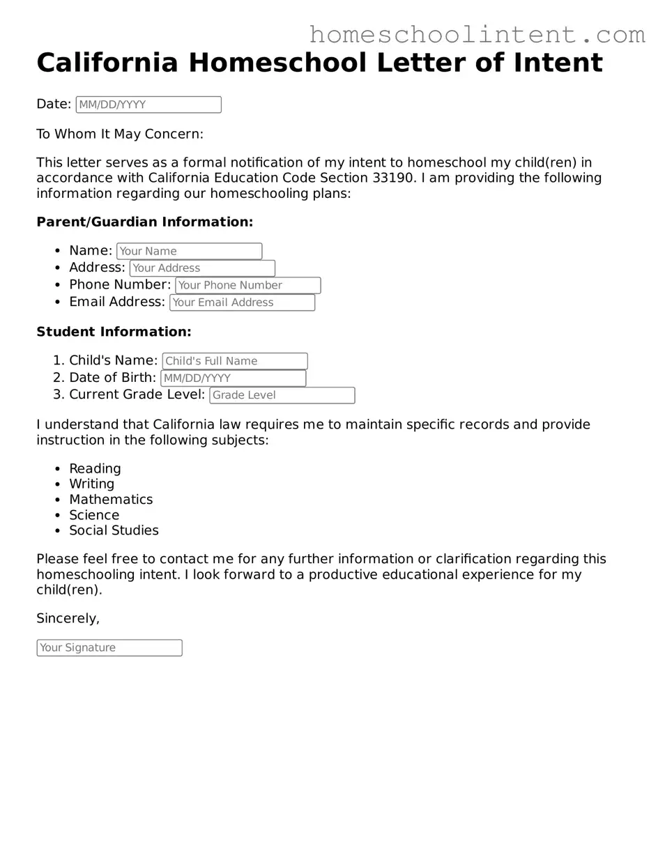 Blank  Homeschool Letter of Intent Document for California