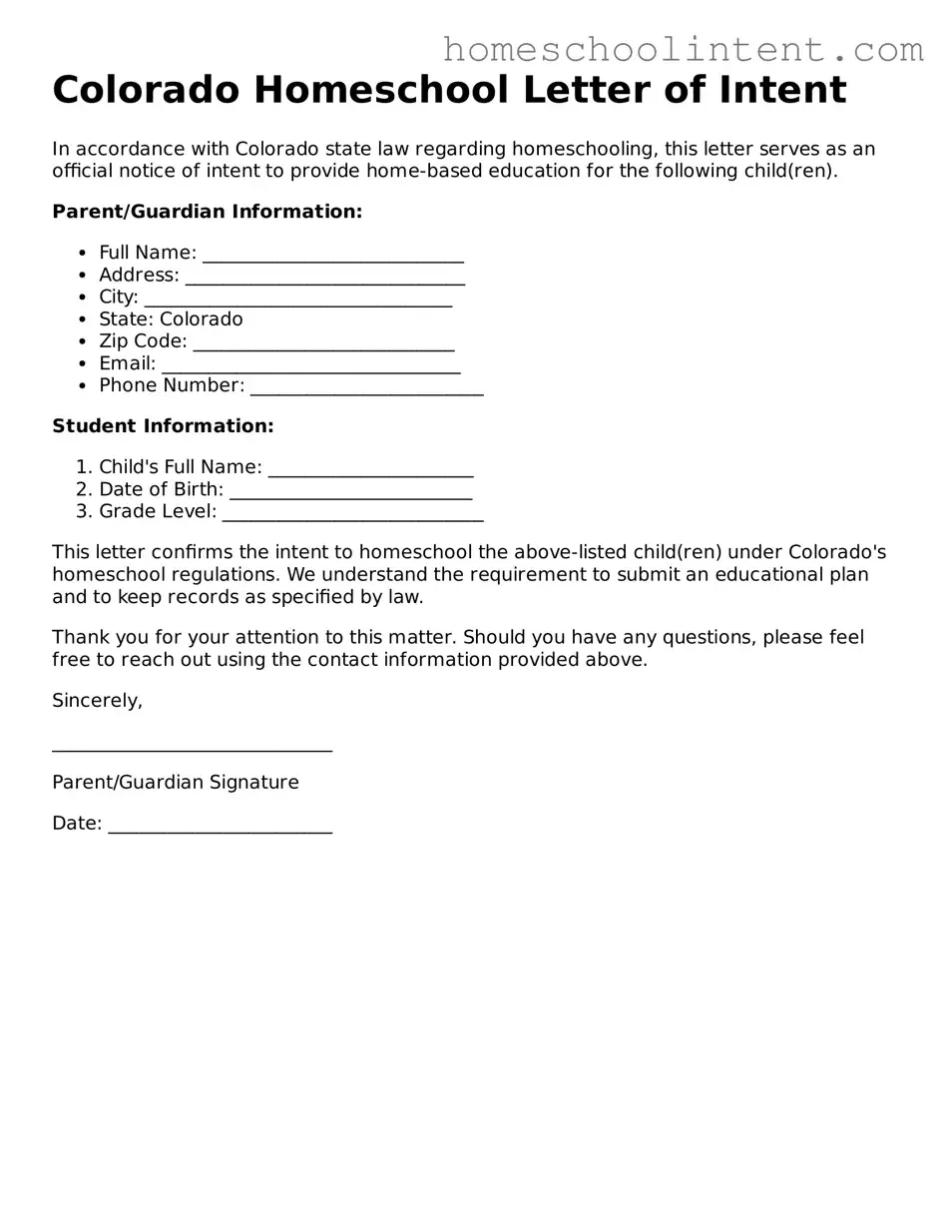 Blank  Homeschool Letter of Intent Document for Colorado
