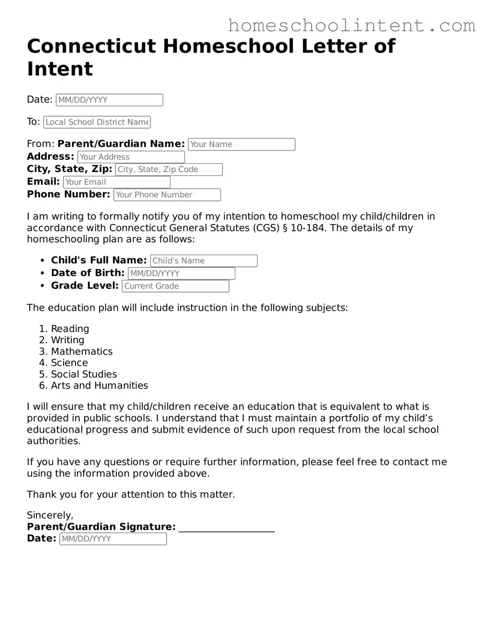 Blank  Homeschool Letter of Intent Document for Connecticut