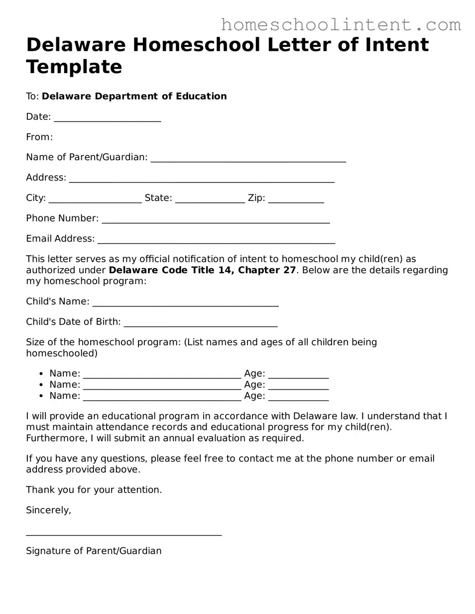 Blank  Homeschool Letter of Intent Document for Delaware