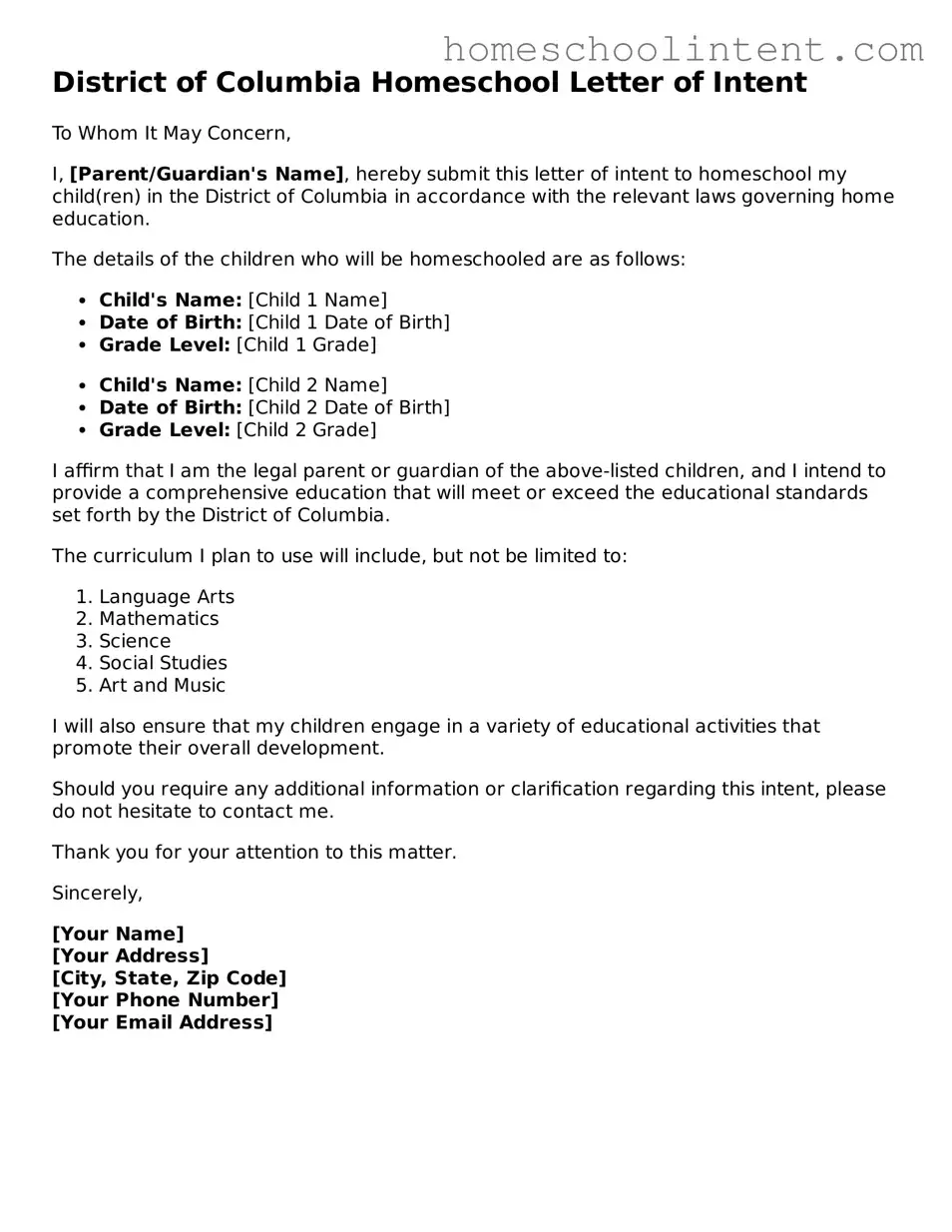 Blank  Homeschool Letter of Intent Document for District of Columbia