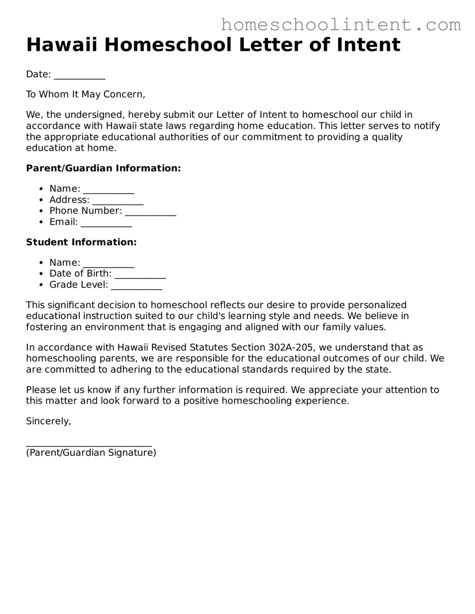 Blank  Homeschool Letter of Intent Document for Hawaii