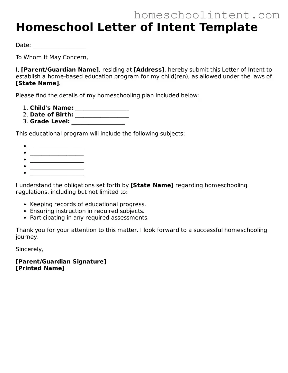 Valid Homeschool Letter of Intent Document