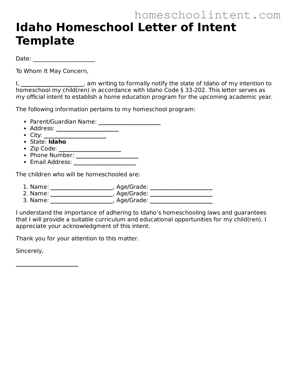 Blank  Homeschool Letter of Intent Document for Idaho