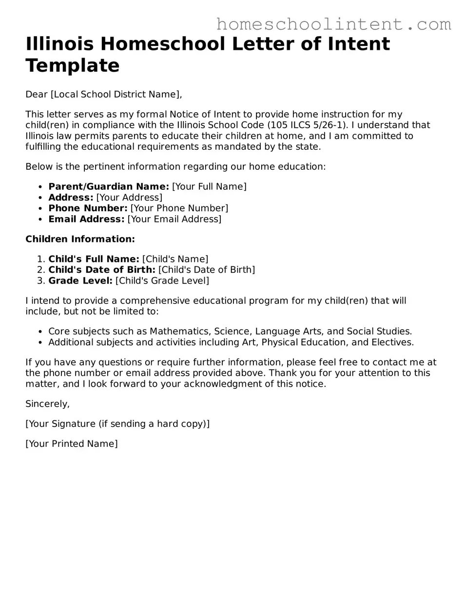 Blank  Homeschool Letter of Intent Document for Illinois