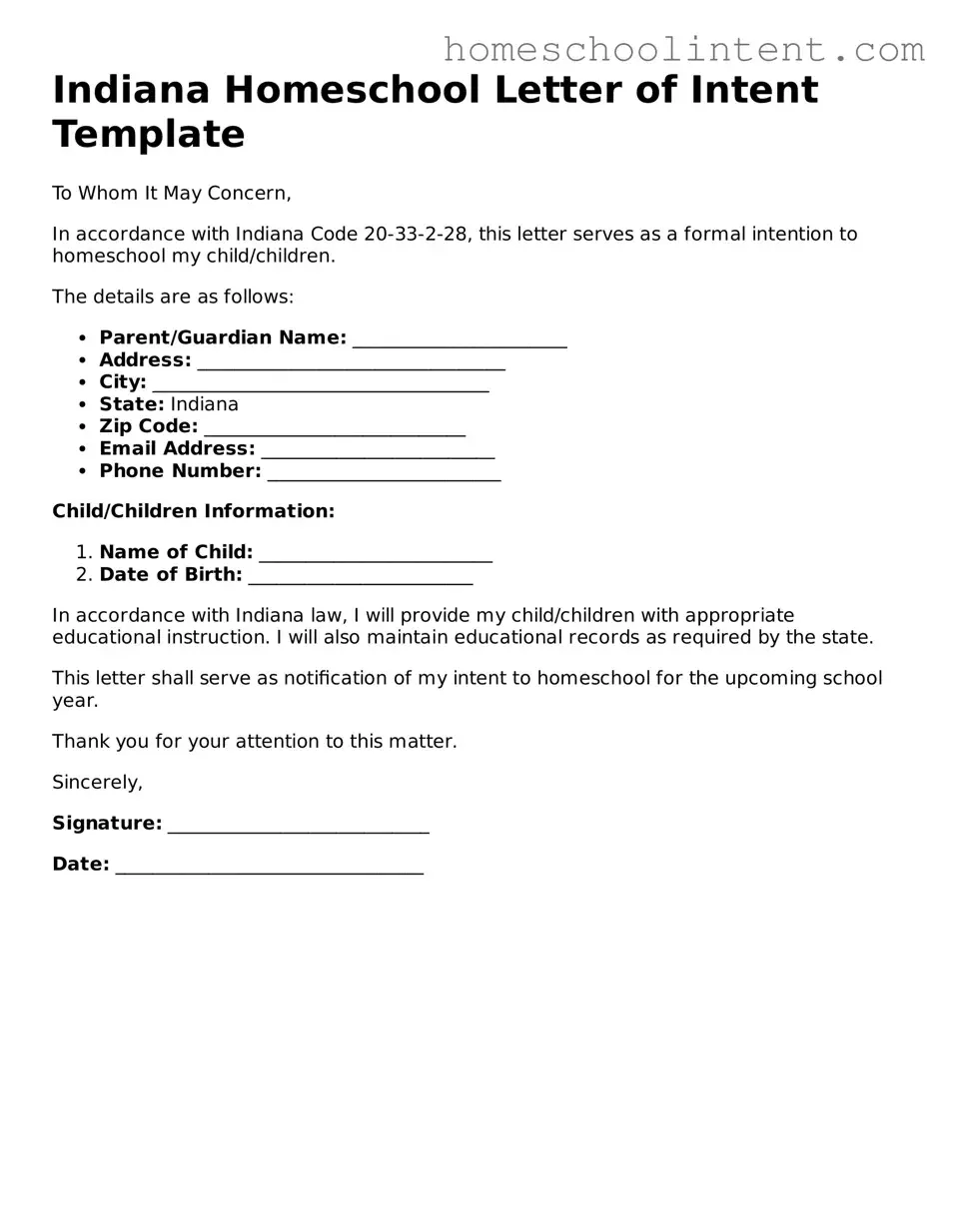 Blank  Homeschool Letter of Intent Document for Indiana