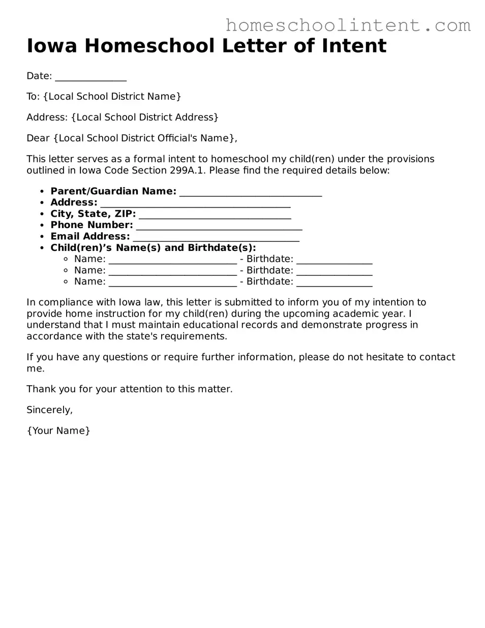 Blank  Homeschool Letter of Intent Document for Iowa