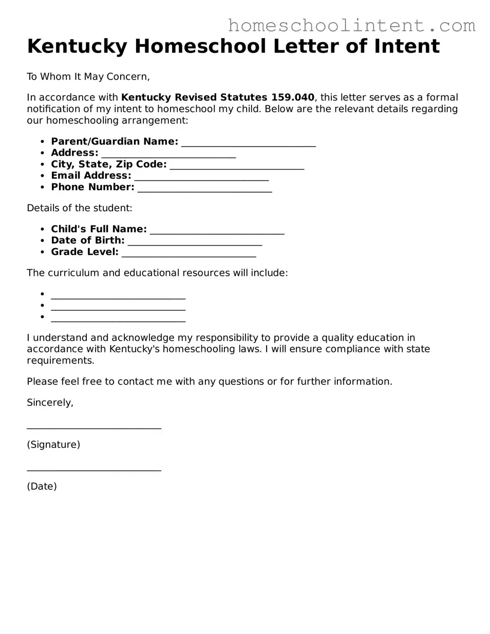 Blank  Homeschool Letter of Intent Document for Kentucky