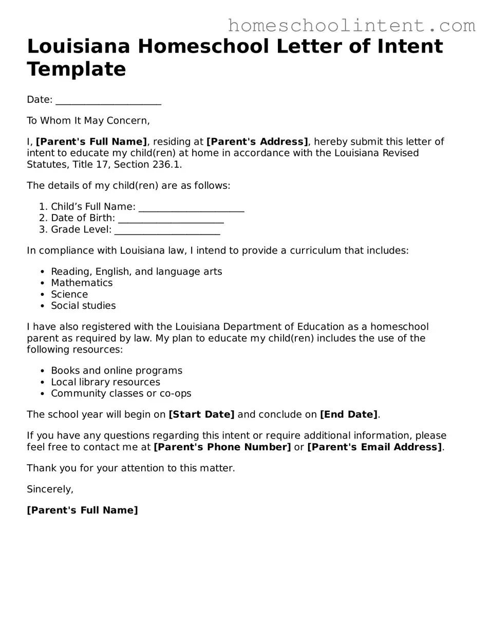 Blank  Homeschool Letter of Intent Document for Louisiana
