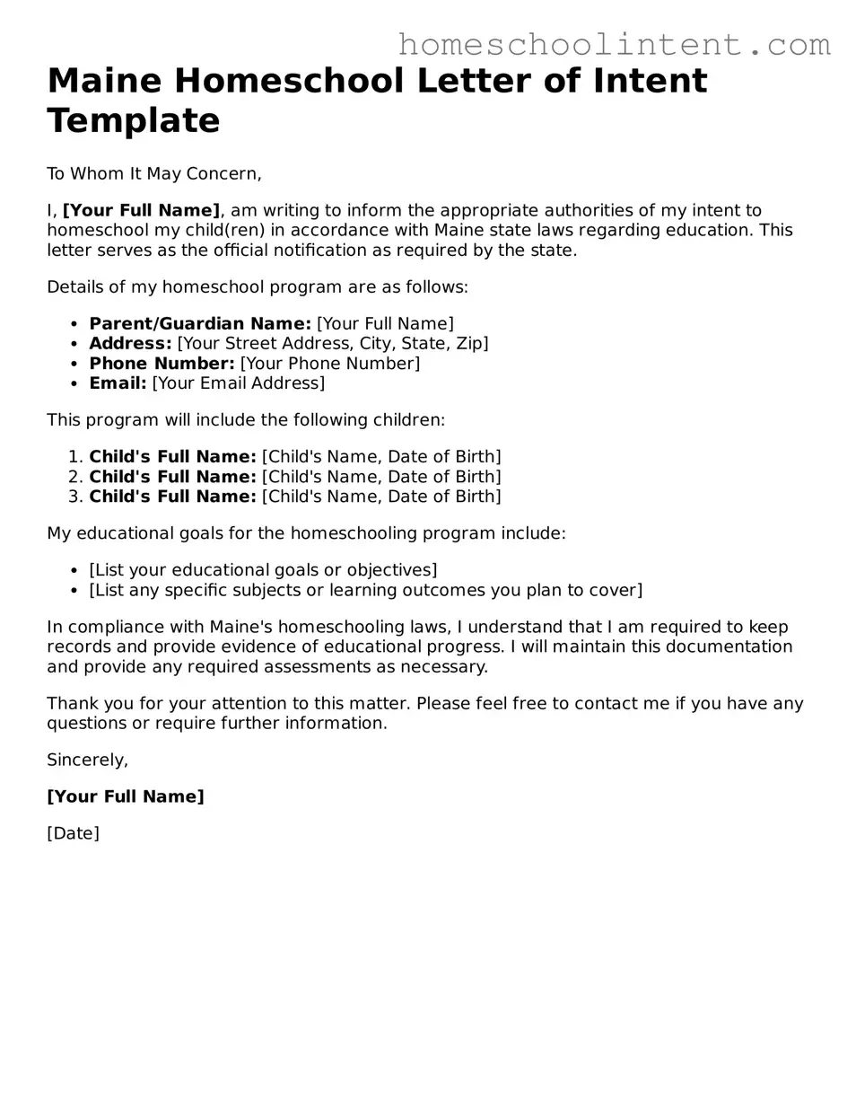 Blank  Homeschool Letter of Intent Document for Maine