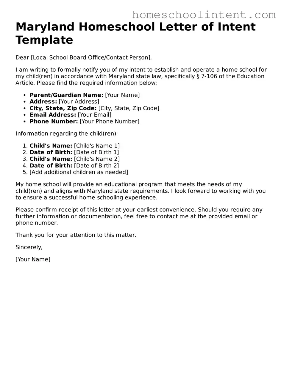 Blank  Homeschool Letter of Intent Document for Maryland