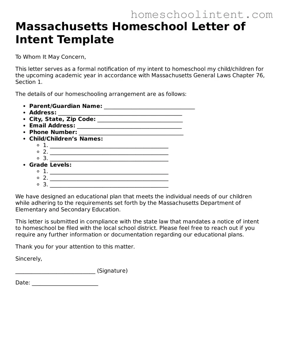 Blank  Homeschool Letter of Intent Document for Massachusetts