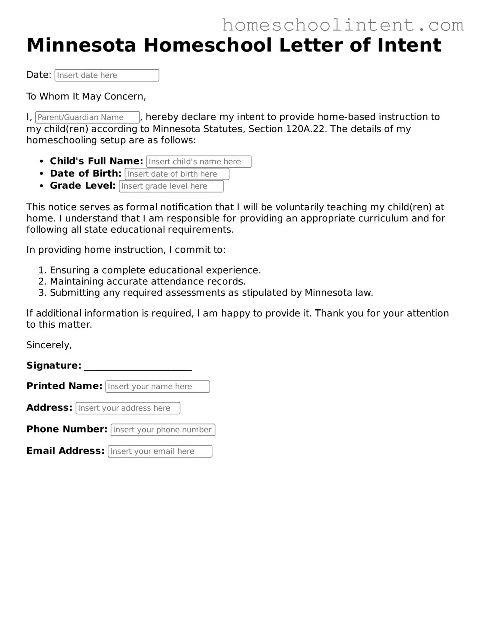 Blank  Homeschool Letter of Intent Document for Minnesota