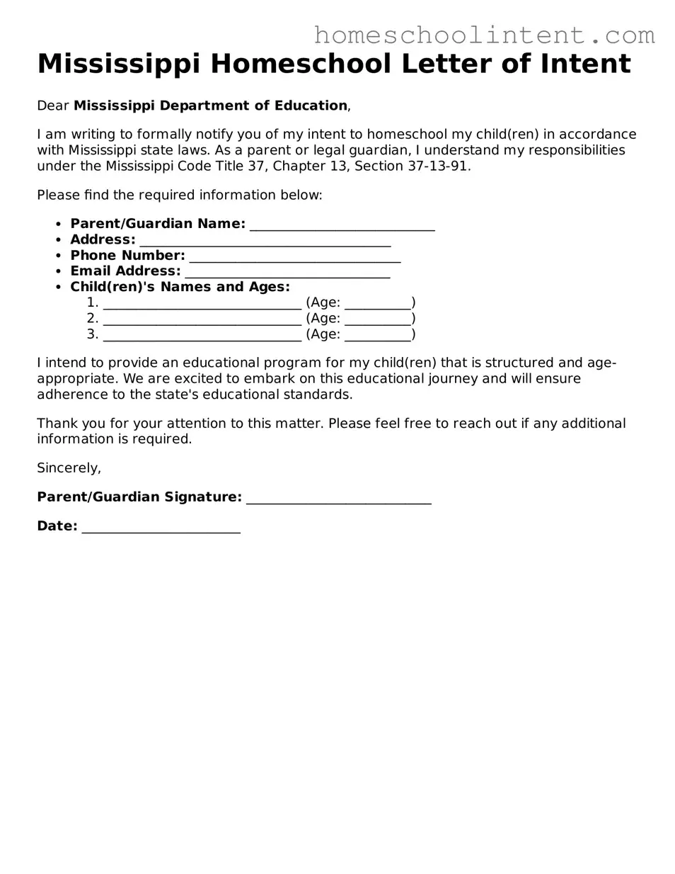 Blank  Homeschool Letter of Intent Document for Mississippi