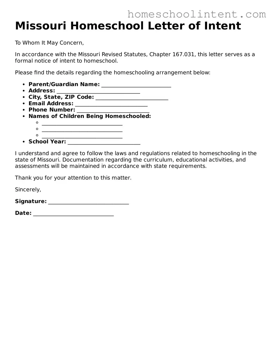 Blank  Homeschool Letter of Intent Document for Missouri