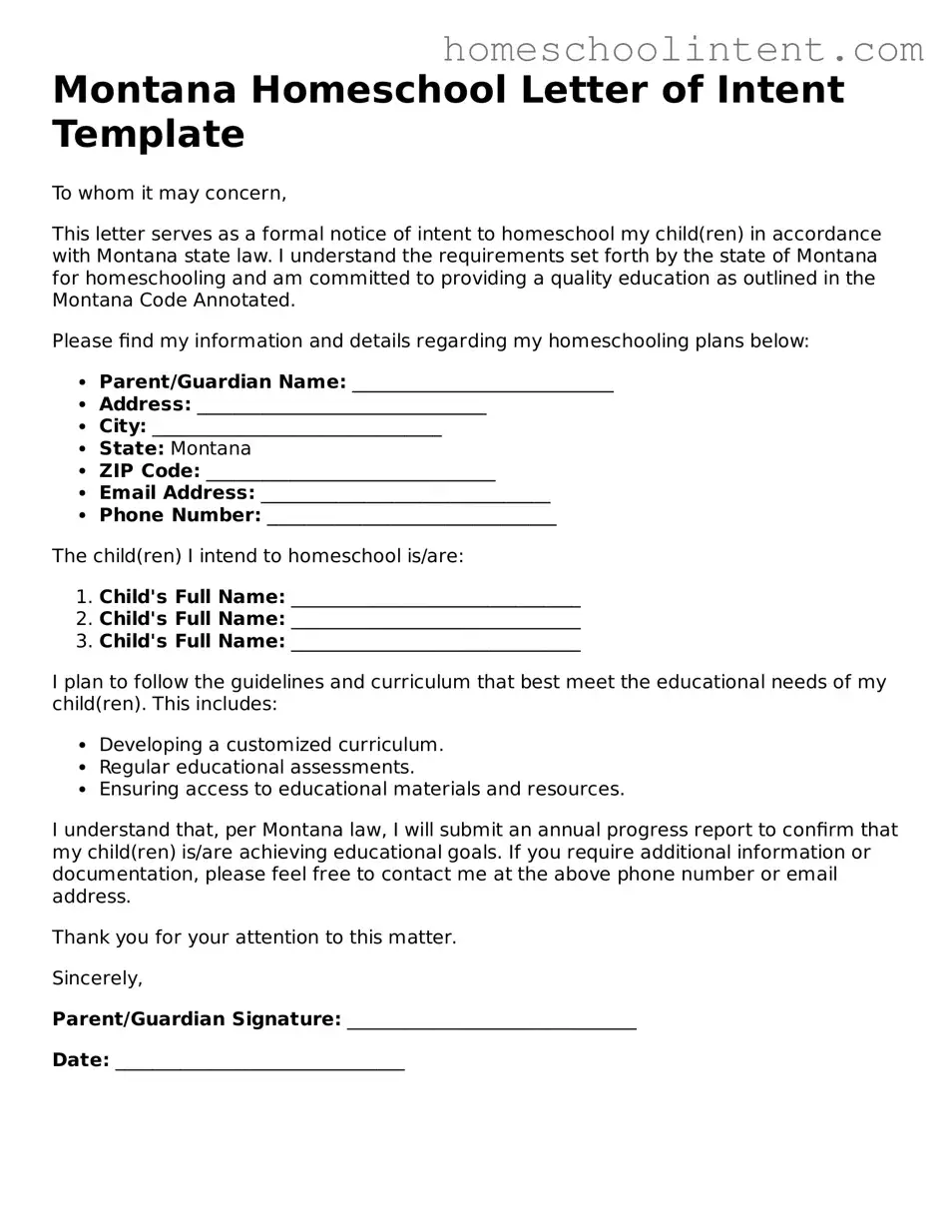 Blank  Homeschool Letter of Intent Document for Montana