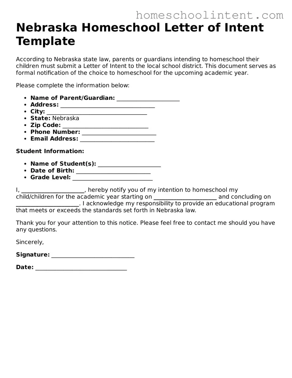 Blank  Homeschool Letter of Intent Document for Nebraska