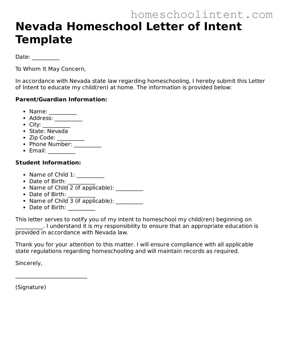 Blank  Homeschool Letter of Intent Document for Nevada