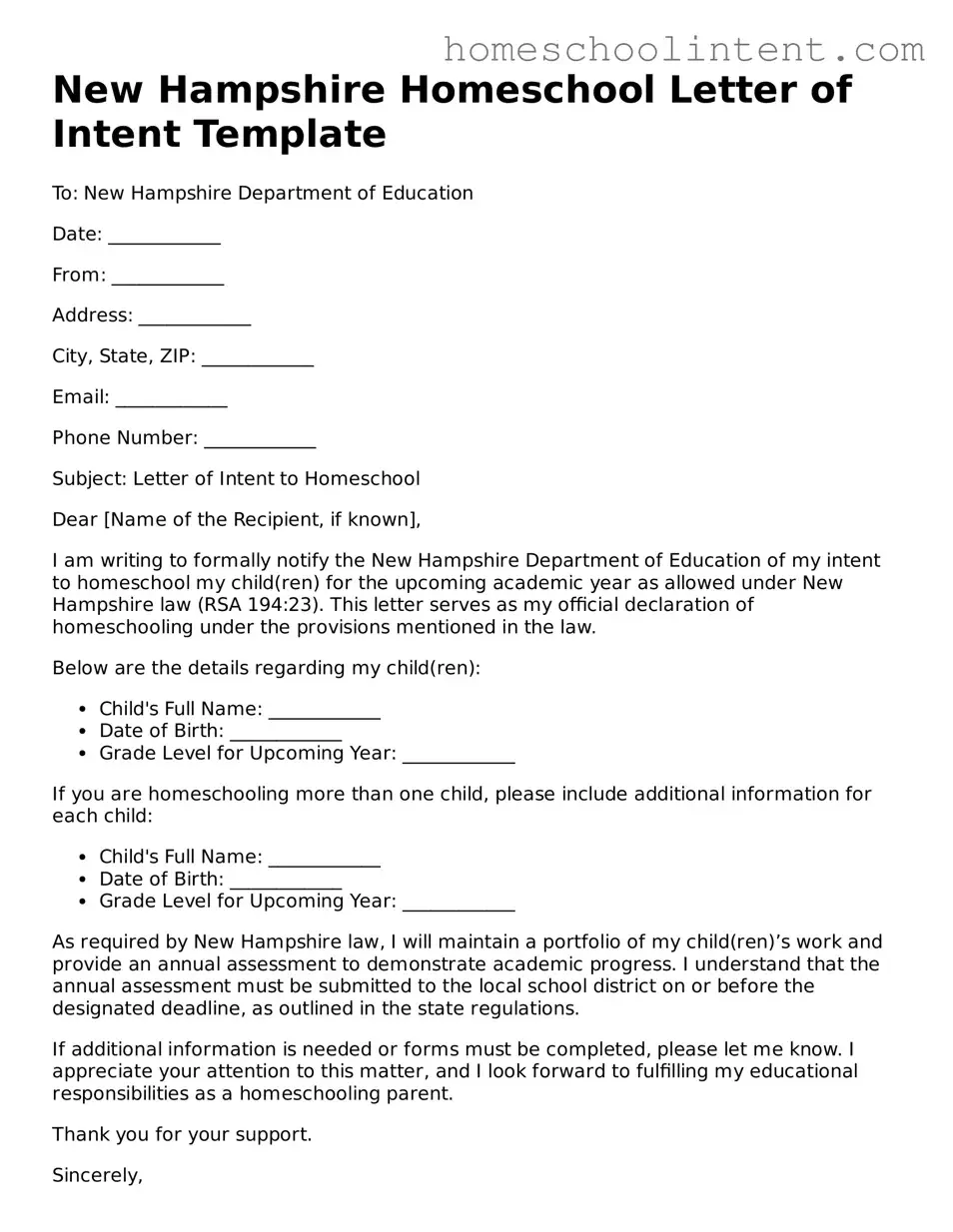 Blank  Homeschool Letter of Intent Document for New Hampshire