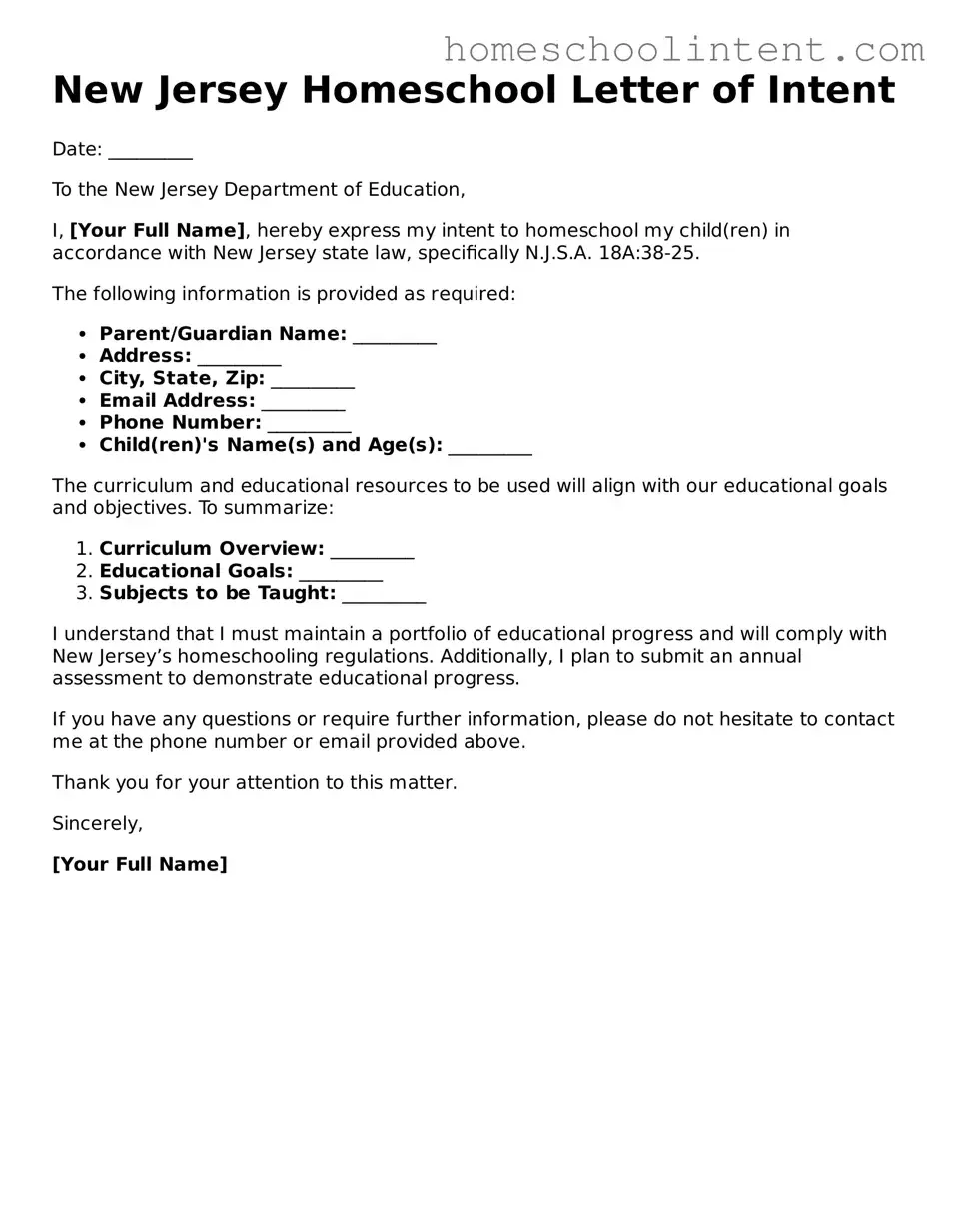 Blank  Homeschool Letter of Intent Document for New Jersey
