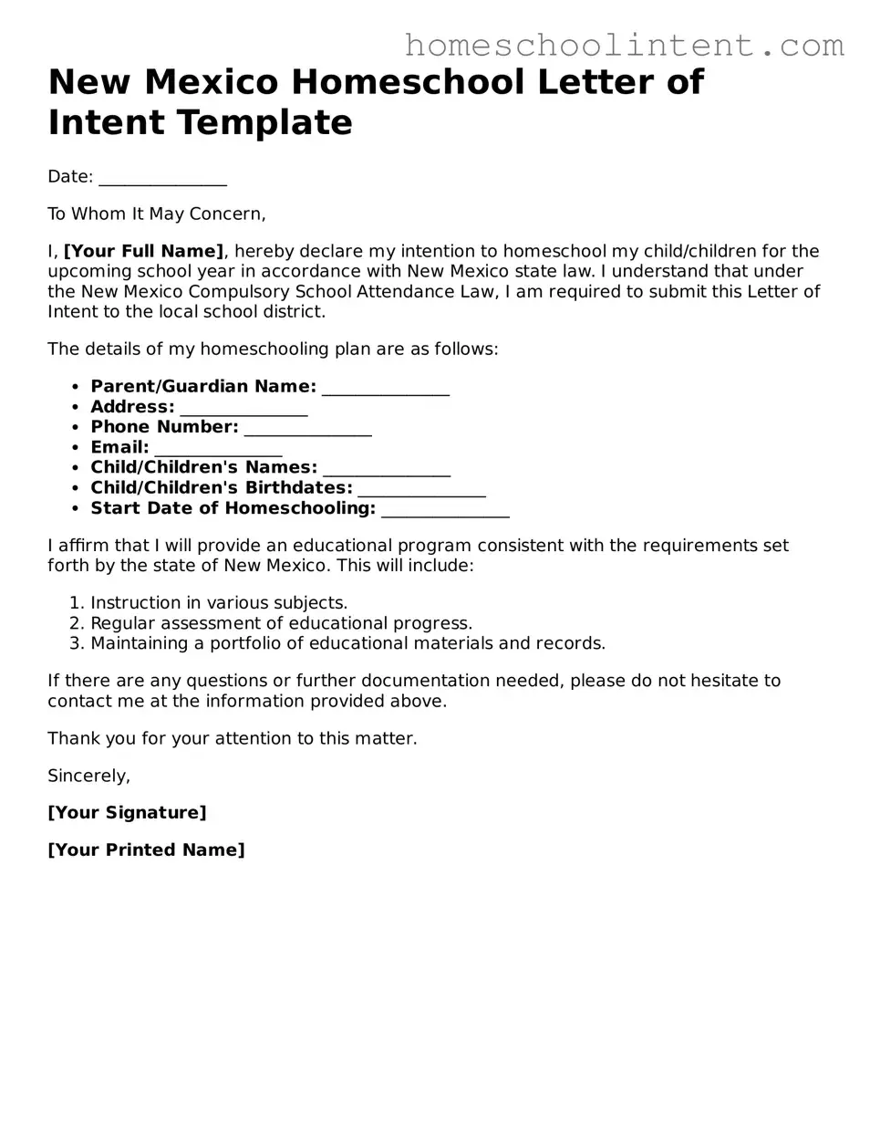 Blank  Homeschool Letter of Intent Document for New Mexico