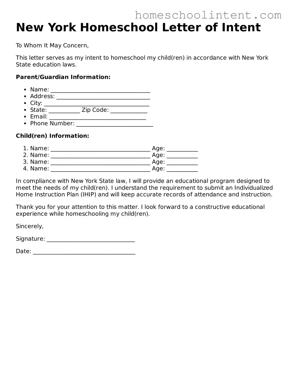 Blank  Homeschool Letter of Intent Document for New York