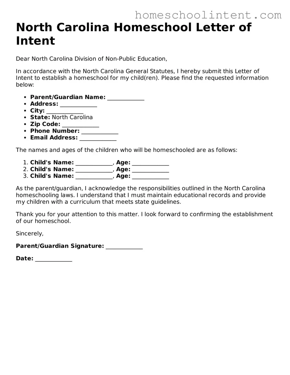 Blank  Homeschool Letter of Intent Document for North Carolina