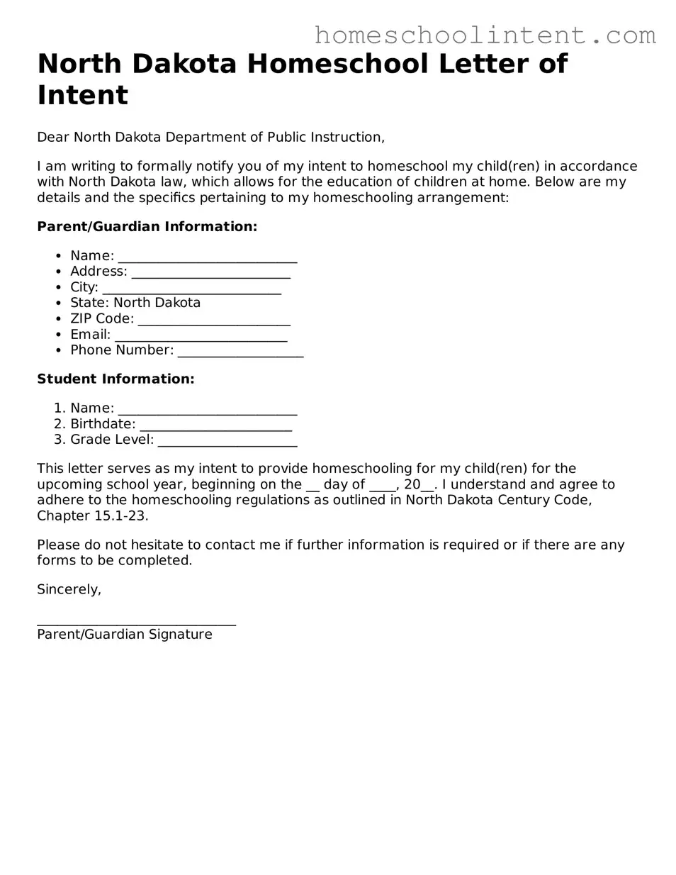 Blank  Homeschool Letter of Intent Document for North Dakota