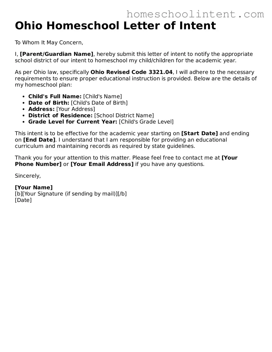 Blank  Homeschool Letter of Intent Document for Ohio