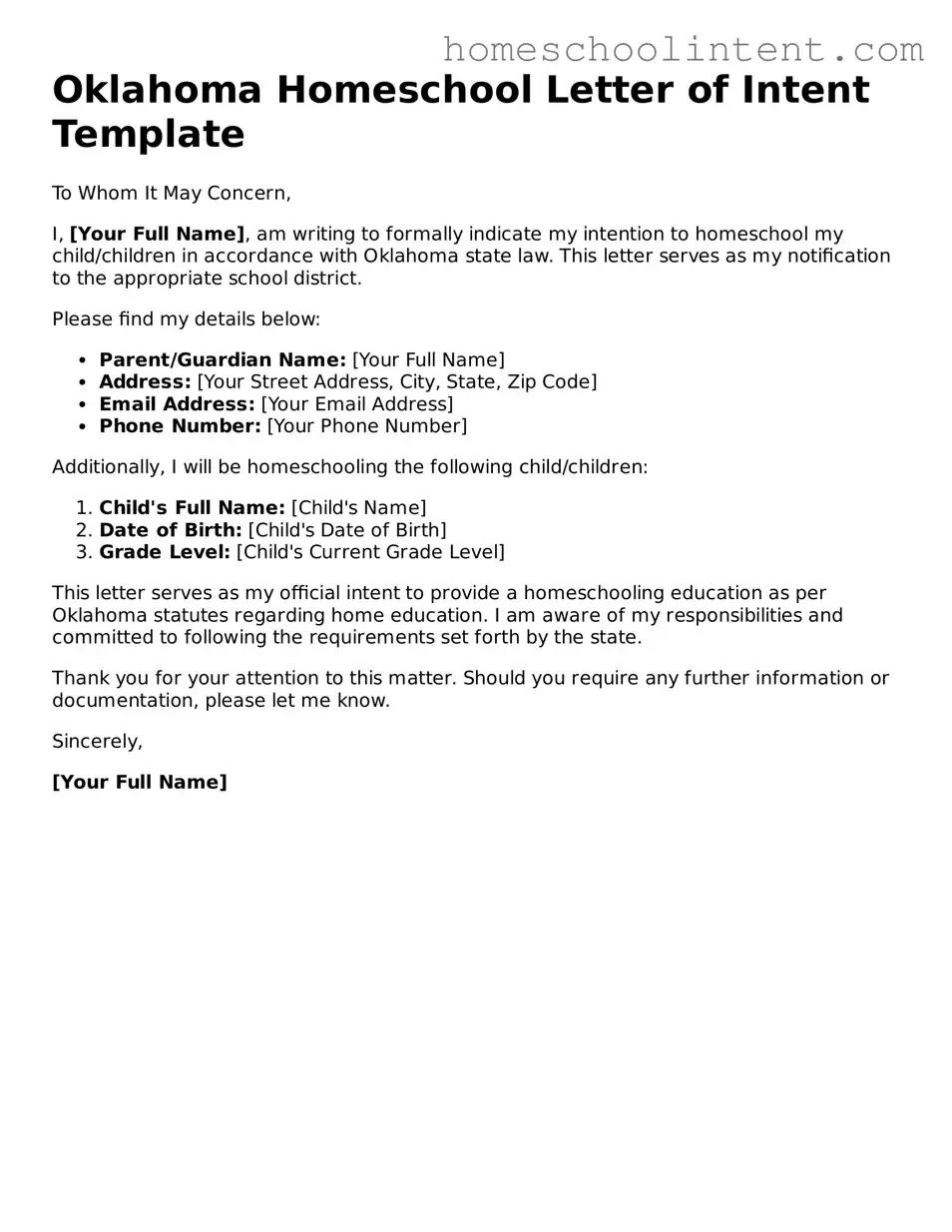Blank  Homeschool Letter of Intent Document for Oklahoma