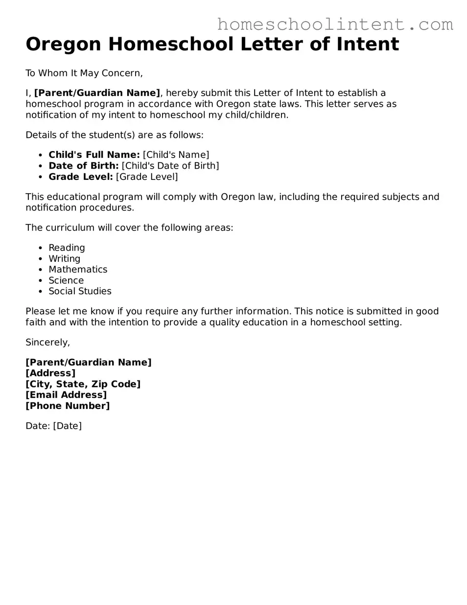 Blank  Homeschool Letter of Intent Document for Oregon