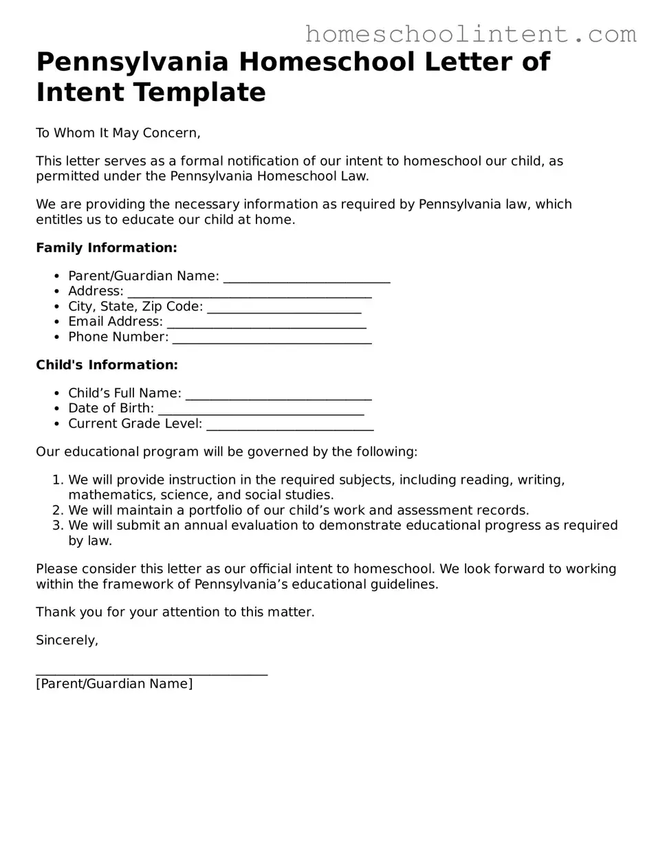Blank  Homeschool Letter of Intent Document for Pennsylvania