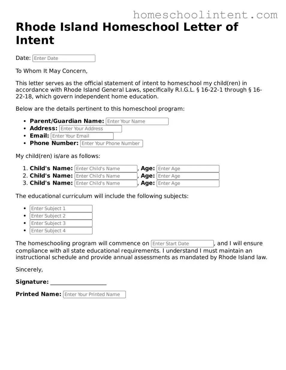 Blank  Homeschool Letter of Intent Document for Rhode Island