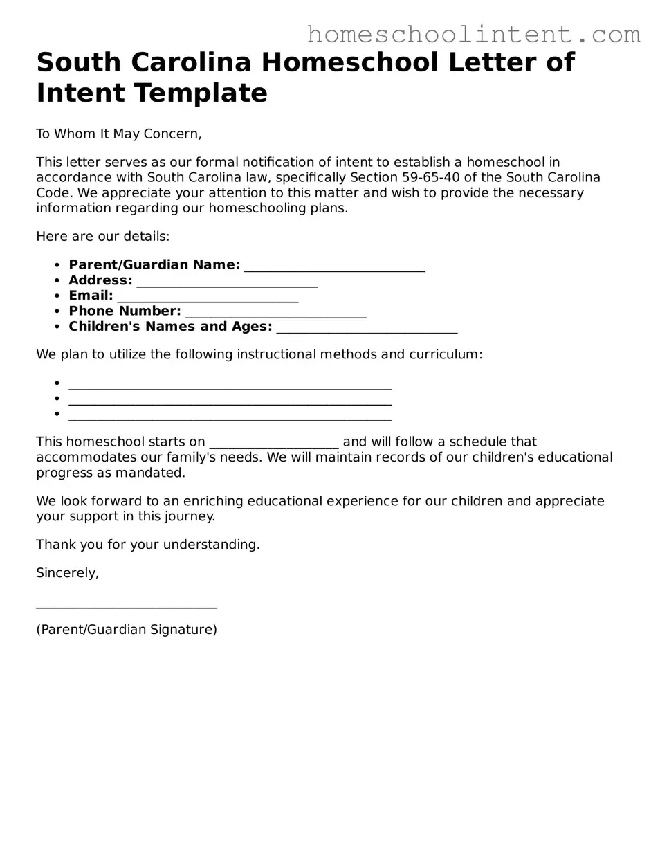 Blank  Homeschool Letter of Intent Document for South Carolina