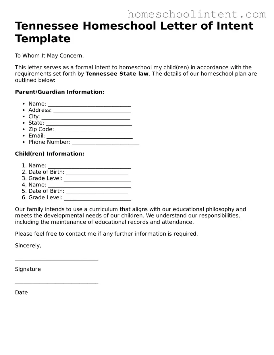Blank  Homeschool Letter of Intent Document for Tennessee