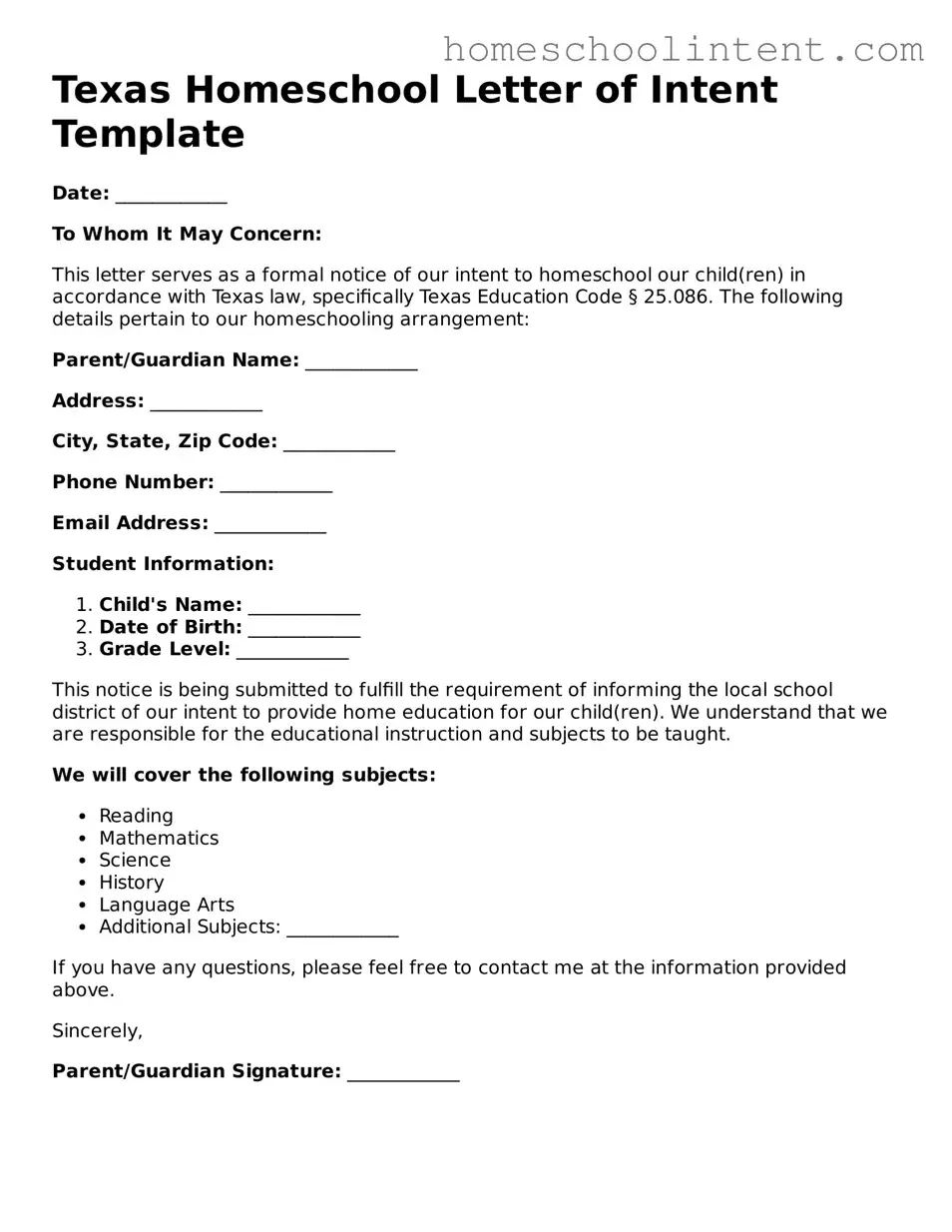 Blank  Homeschool Letter of Intent Document for Texas