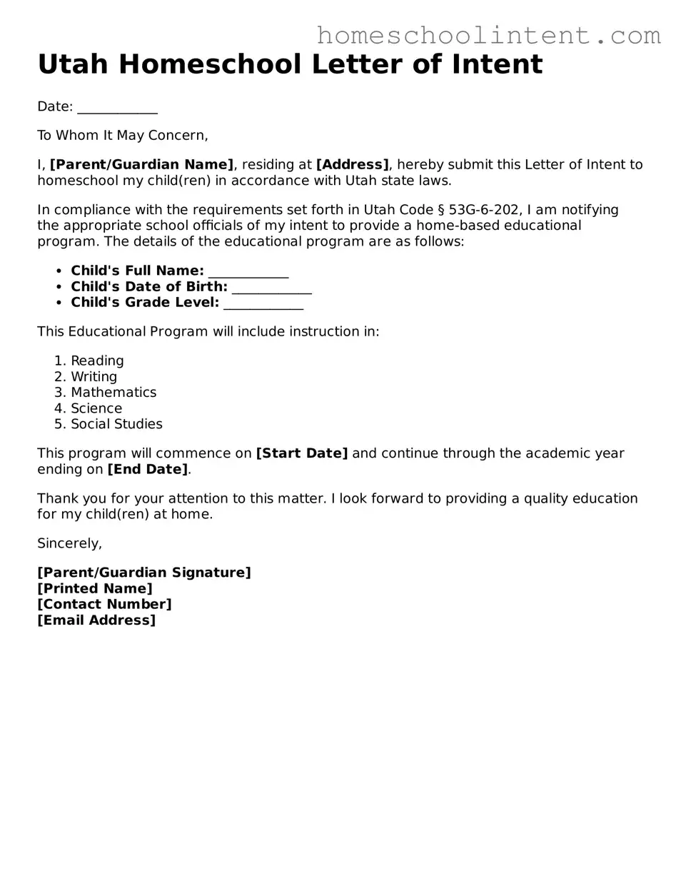 Blank  Homeschool Letter of Intent Document for Utah