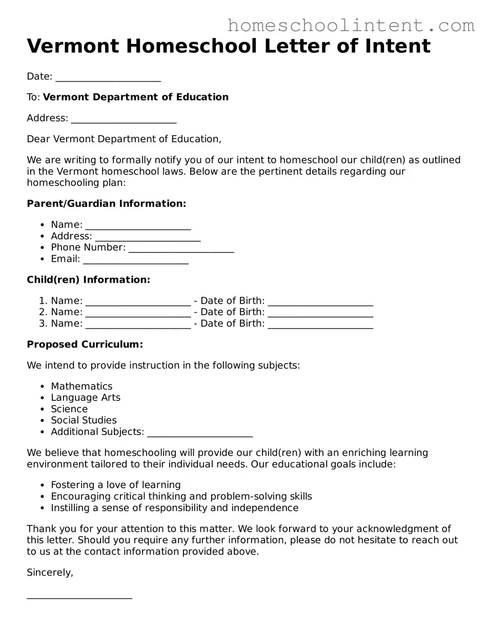 Blank  Homeschool Letter of Intent Document for Vermont
