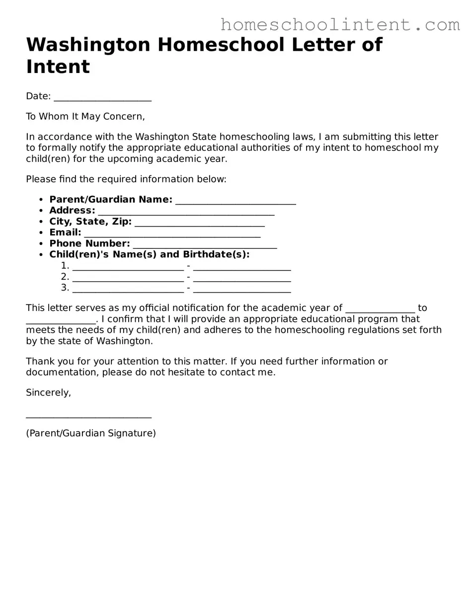 Blank  Homeschool Letter of Intent Document for Washington