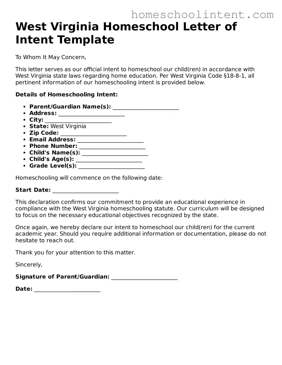 Blank  Homeschool Letter of Intent Document for West Virginia