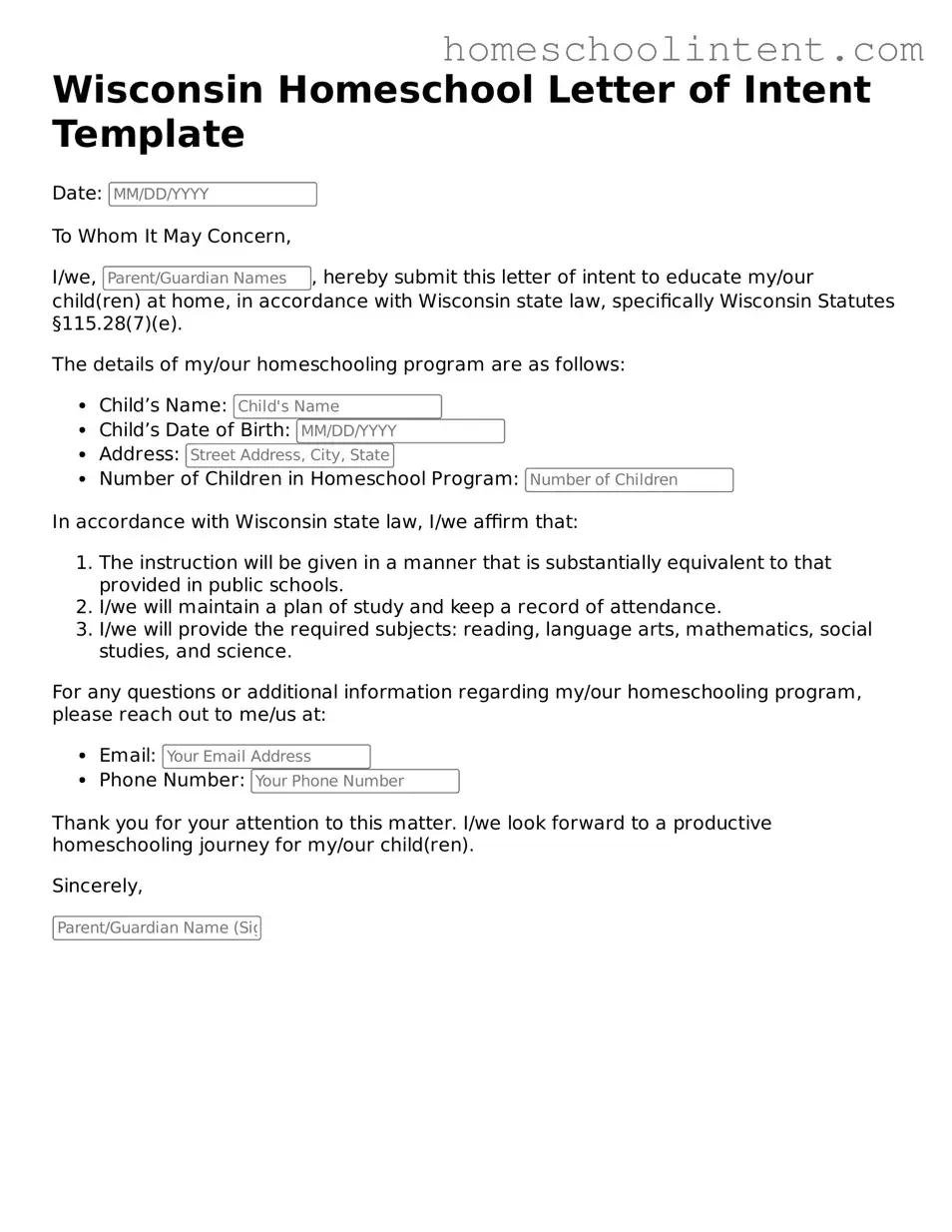 Blank  Homeschool Letter of Intent Document for Wisconsin