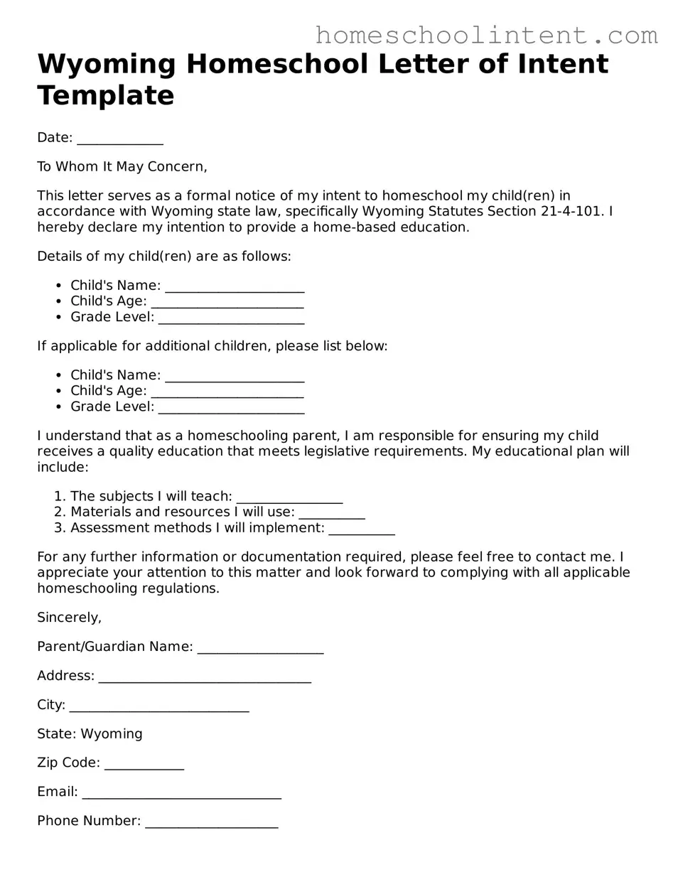 Blank  Homeschool Letter of Intent Document for Wyoming